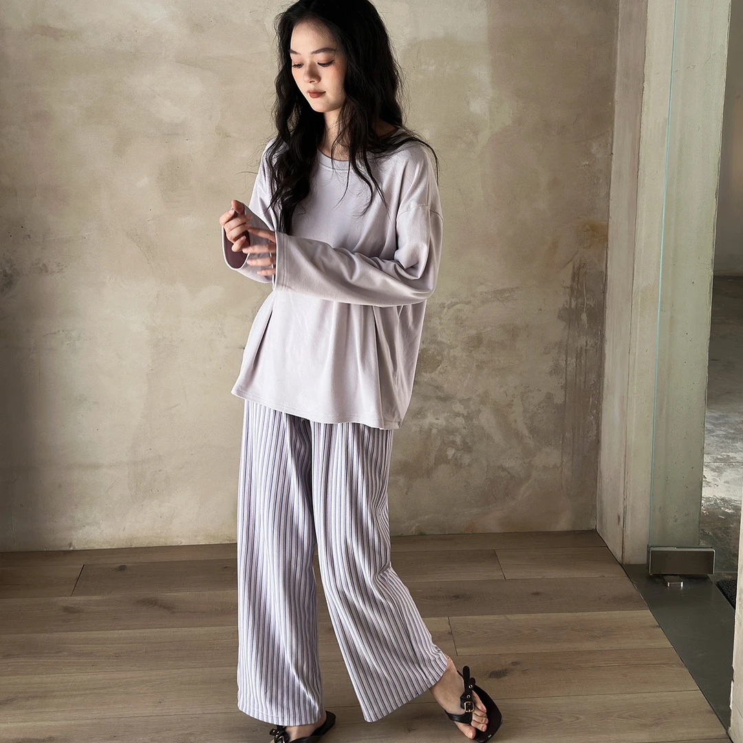 及好睡衣女德绒加厚长袖保暖家居服春秋冬季可外穿薄绒条纹裤套装