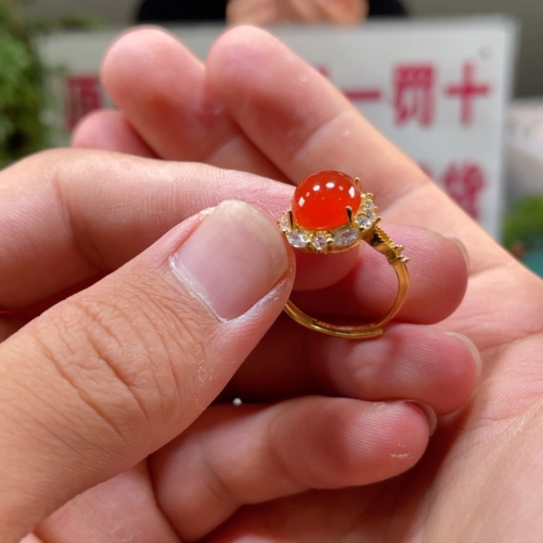 南红玛瑙河湾冰红戒指银S925镀金镶嵌