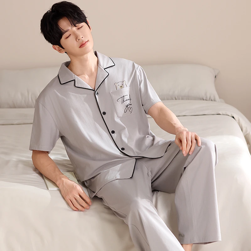 夏季新款纯棉睡衣男士薄款亲肤透气短袖长裤休闲可外穿家居服套装