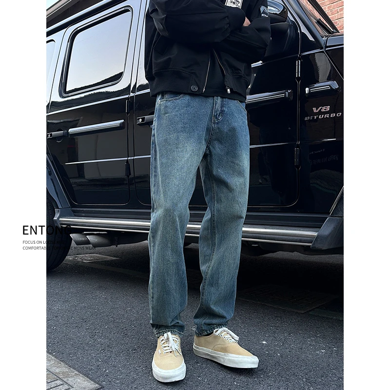 Entong潮牌复古牛仔裤男士日系vibe做旧水洗宽松直筒长裤哈伦裤子