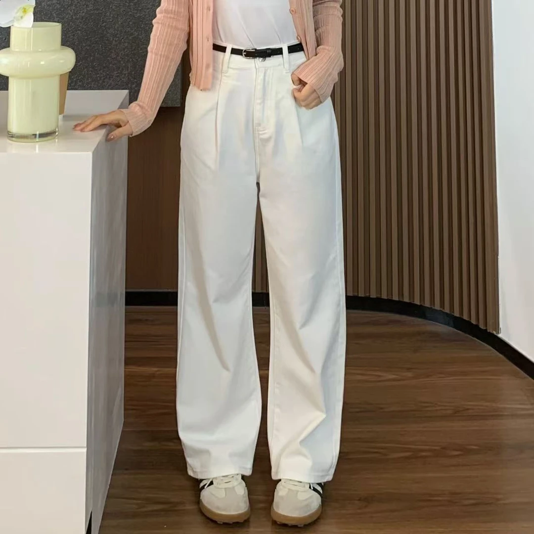 小羽酱小个子定制春百搭显瘦宽松无弹简约高腰棉布白色阔腿牛仔裤