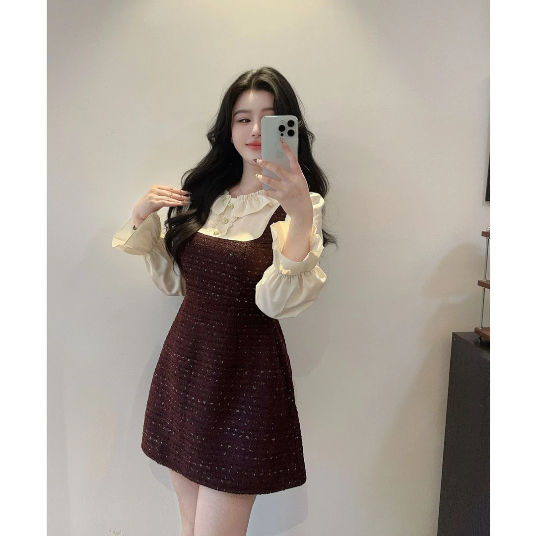 大码女装荷叶边拼接紫色小香风连衣裙气质名媛裙子13773