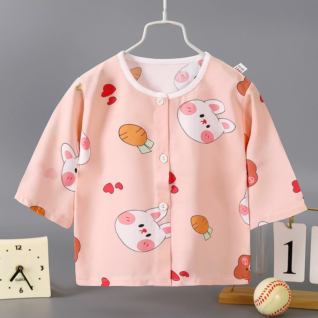 夏季儿童棉绸睡衣薄款宝宝绵绸七分袖单上衣人造棉家居服一件代发