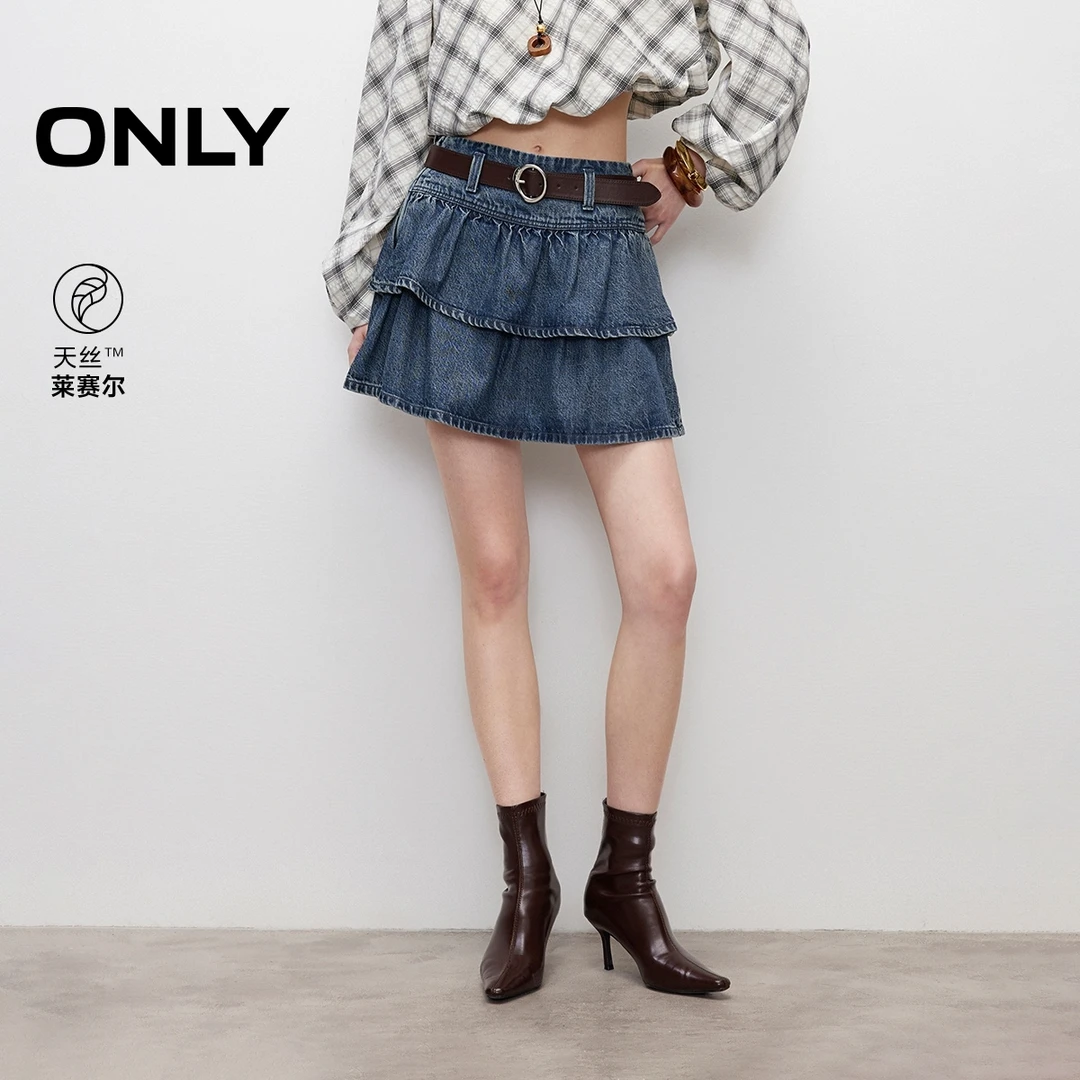 ONLY2025秋季新款A字双层荷叶裙摆短裙牛仔半身裙女|125337006