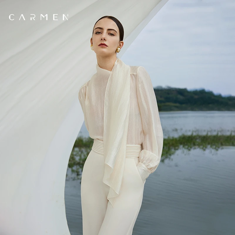 Carmen高端大牌醋酸白色衬衫女2025夏季新款法式设计感飘带上衣