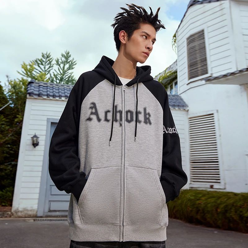 【Achock官方店】美式插肩袖logo印花秋外套情侣拼色拉链连帽卫衣