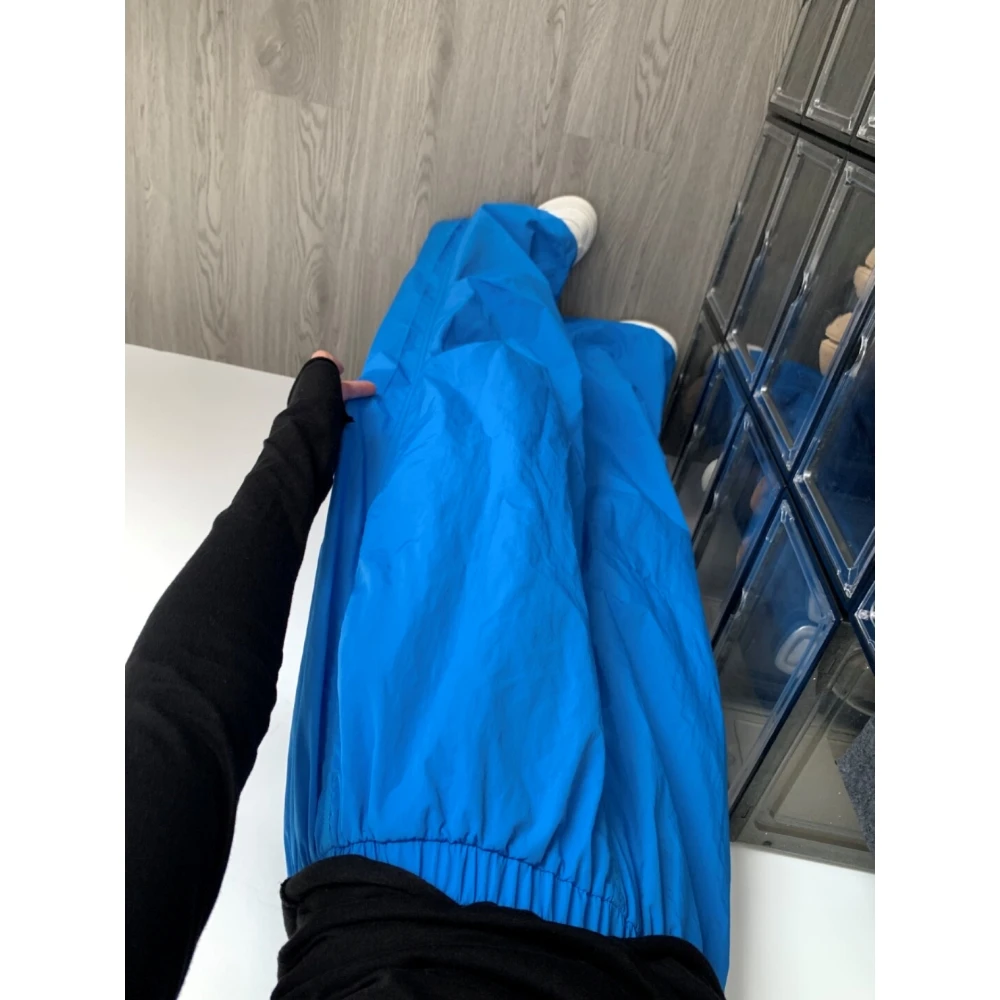 大码美式复古简约透气休闲裤女2025春夏高腰显瘦蓝色休闲阔腿裤子