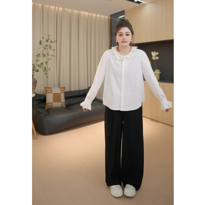 【胖佳佳】浅春韩 镂空花瓣领衬衫时尚减龄长袖衬衣H625Z02048