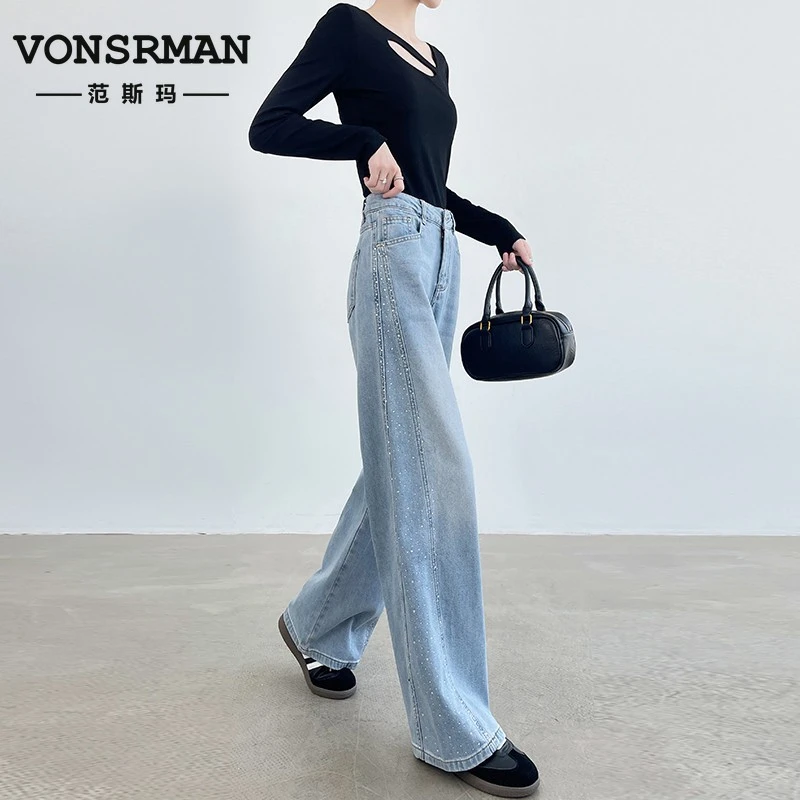 VONSRMAN高级感蓝色烫钻阔腿牛仔裤女夏季2025新款高腰宽松显瘦直