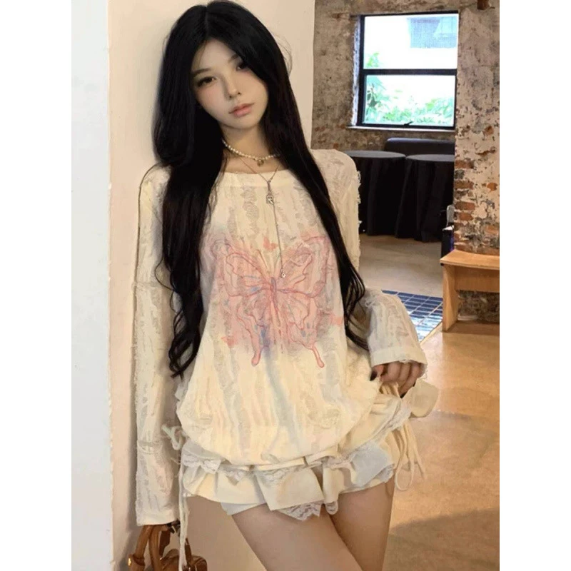 胖mm大码蝴蝶印花破洞废土长袖T恤女春季宽松遮肉显瘦抽绳上衣潮