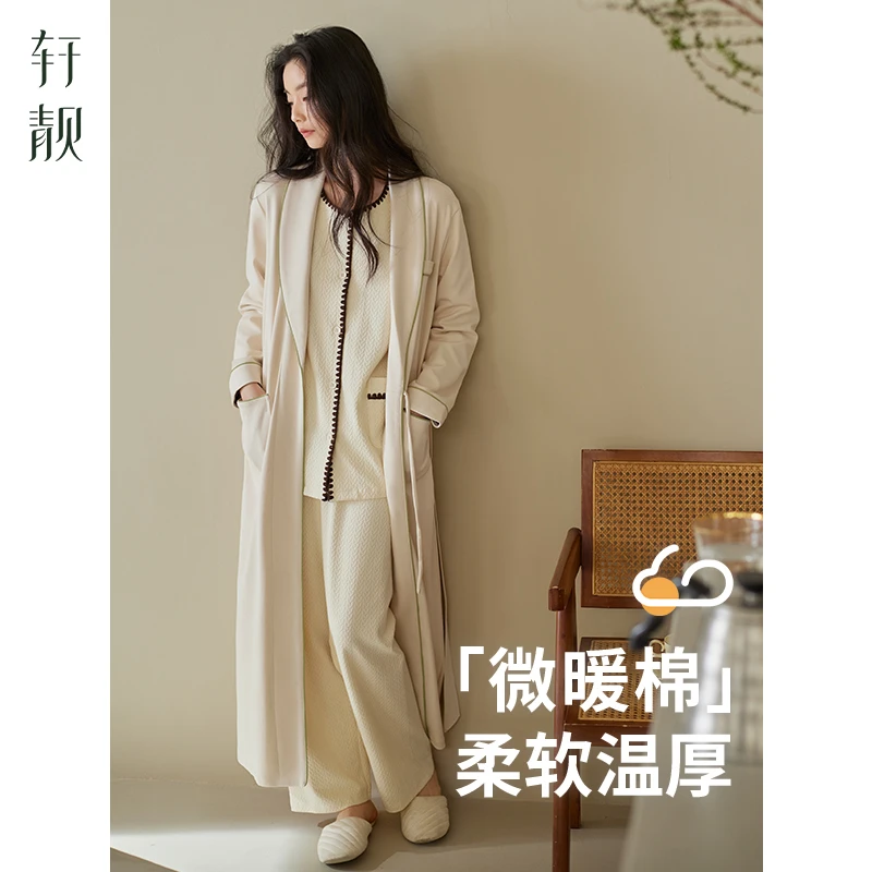 【纯棉】睡衣女士春秋季长袖睡袍三件套可外穿大码浴袍家居服套装