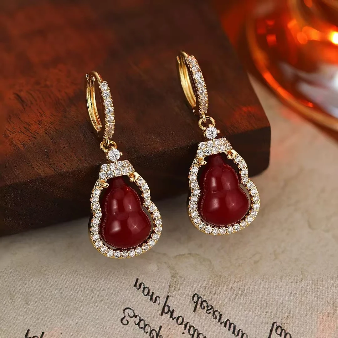铜合金合成锆石耳饰 020红色葫芦耳坠精美气质设计感女士女式耳环