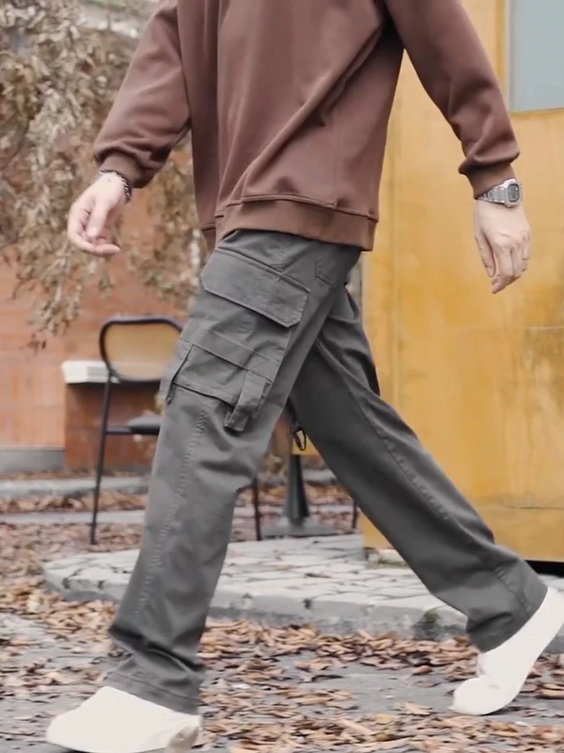 美式复古重磅阔腿直筒工装裤子男厚款潮牌简约2025春秋宽松多袋裤