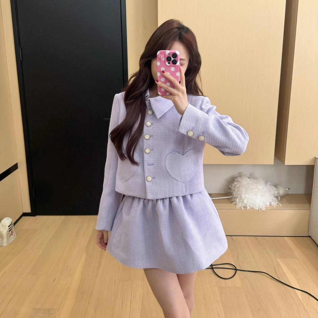 【紫·明媚千金】春季新款女装黄色格子小香风短外套+花苞半裙套装