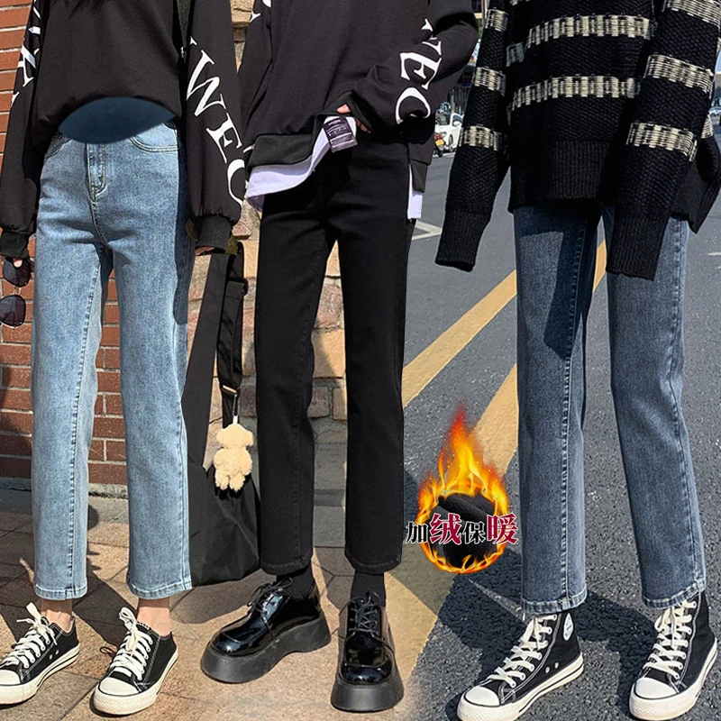 孕妇弹力牛仔裤小个子2025冬季烟管裤外穿加绒加厚休闲直筒裤