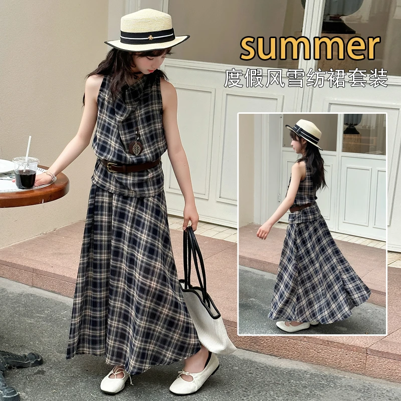 女童法式复古格子雪纺裙夏季无袖背心设计感套装高腰半身裙送腰带