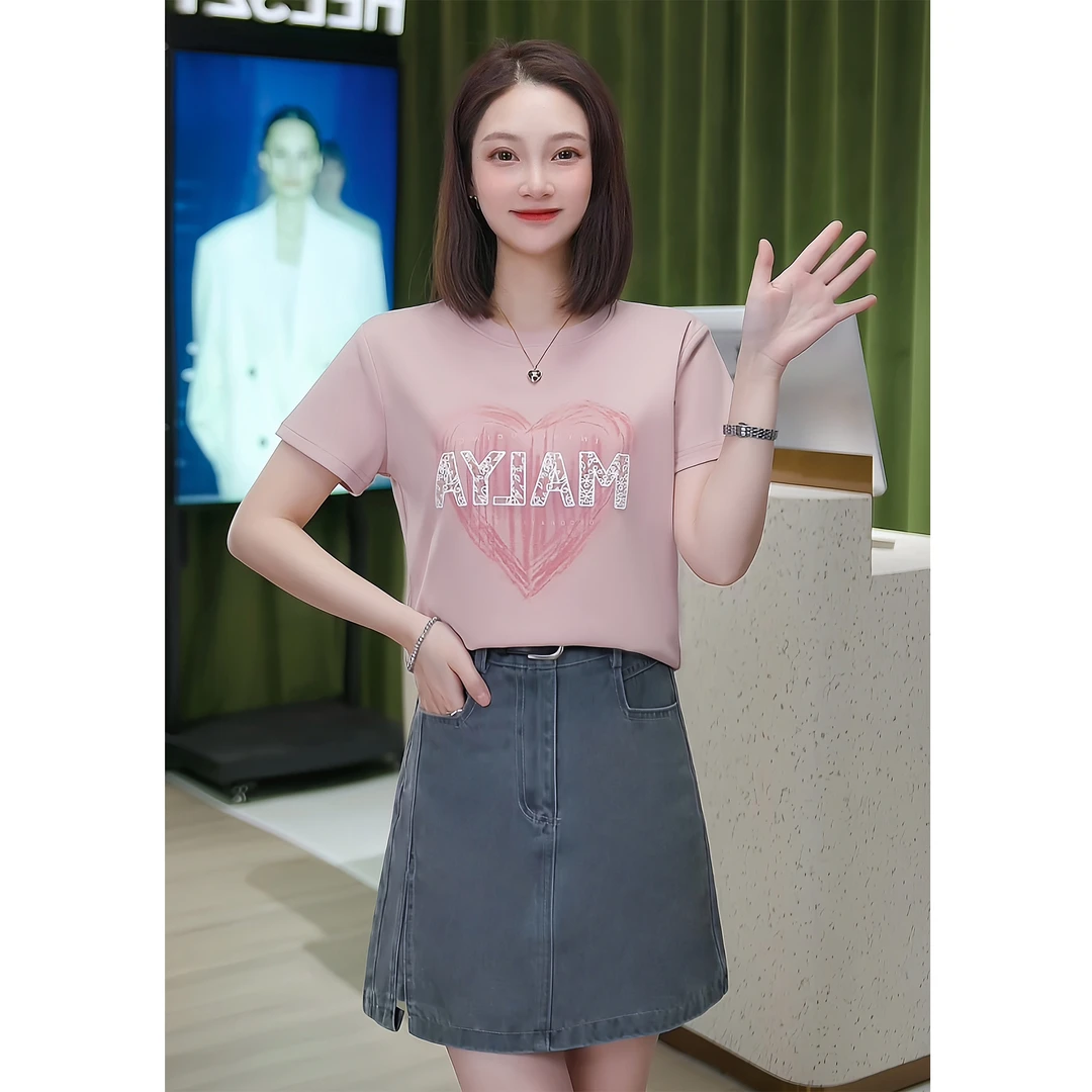艾格2025年新款显瘦爱心字母气质短袖T恤时尚休闲百搭春夏季修身