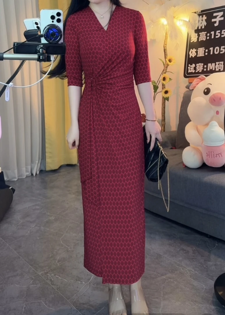 一片式针织修身中长裙ins女装裹身裙长裙连衣裙印花