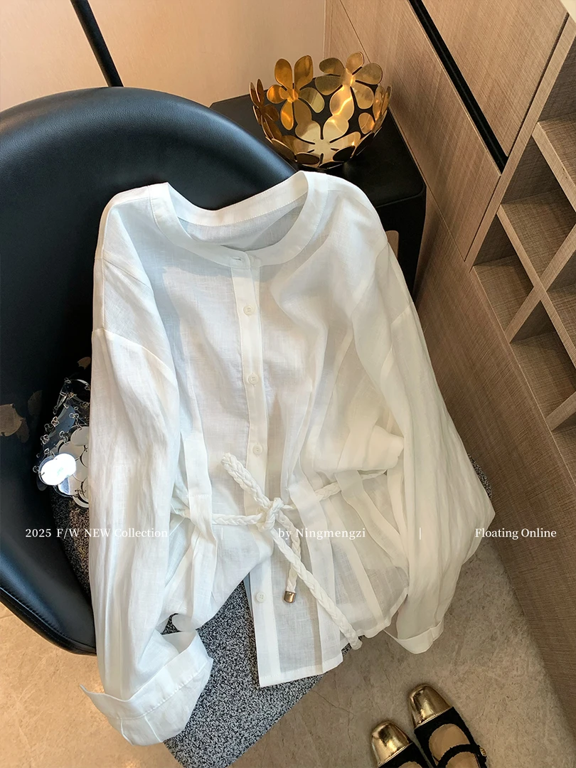小众简约白色收腰亚麻衬衫女2025早秋新款气质韩系减龄高级感上衣