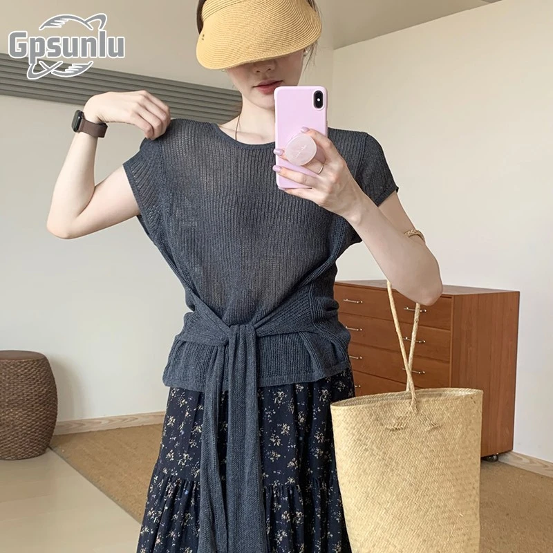 gpsunlu设计感前面系带背心夏季新款韩版宽韩版蓝色夏季无袖背心