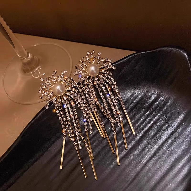 合金耳饰 满钻烟花流苏珍珠耳环韩国简约几何耳饰时尚同款耳坠女