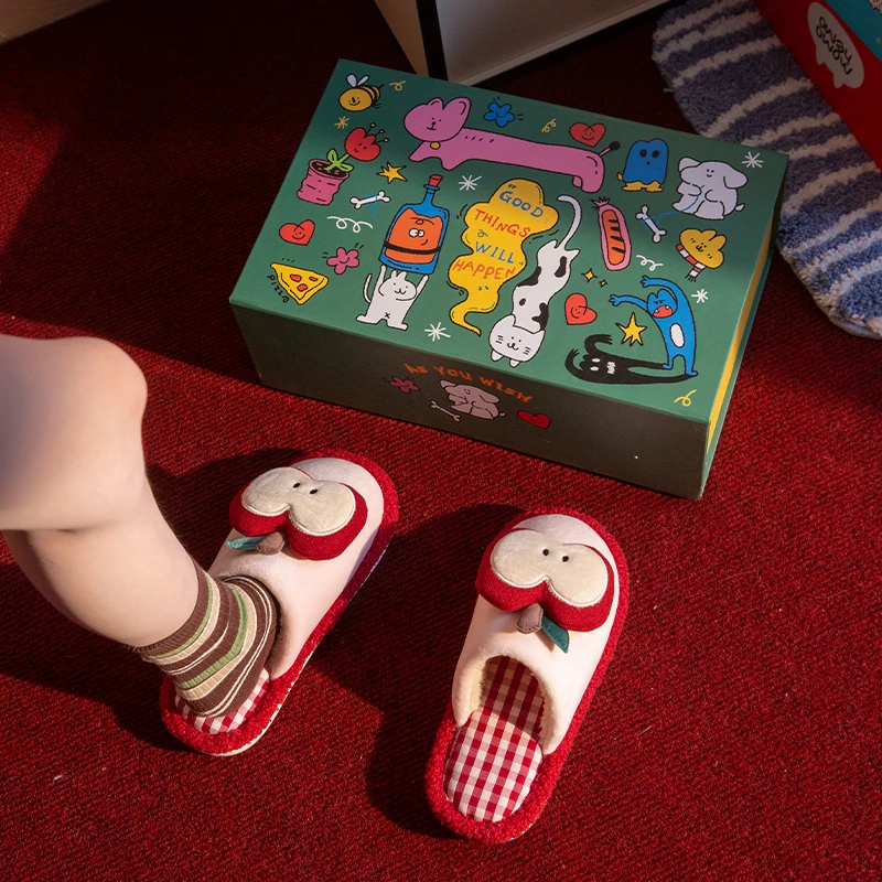 可爱苹果静音亲子棉拖女2025冬季新款儿童居家防滑不臭脚卡通拖鞋