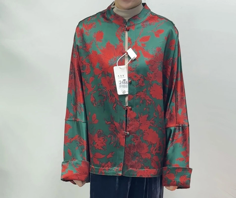 预锦丝韵100桑蚕丝60贵妇皮香云纱红绿撞色马蹄袖外套