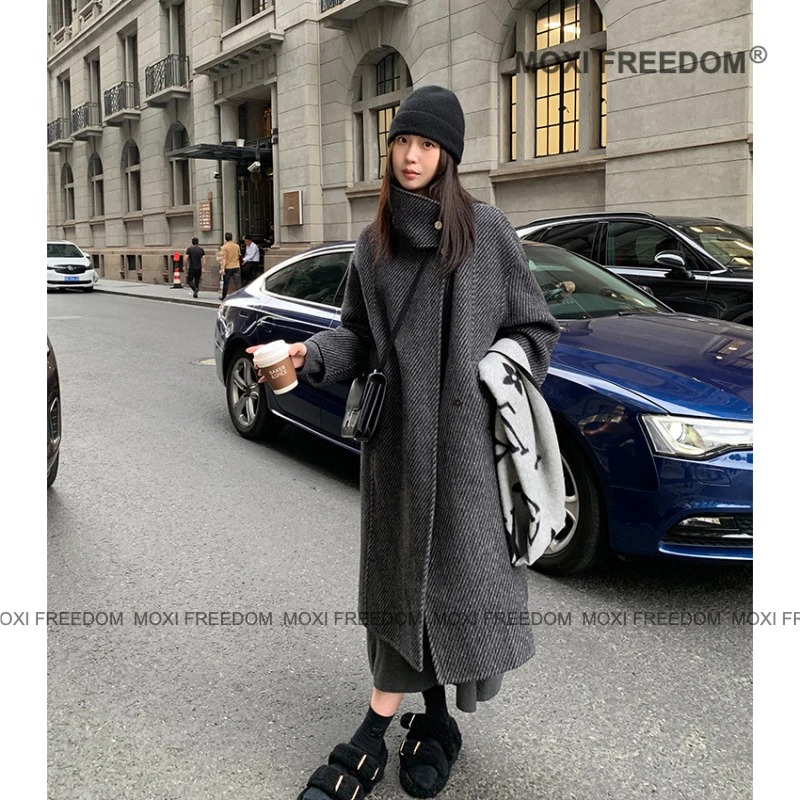 【微醺线条】秋冬款反季宽松立领斜纹中长款双面羊毛呢外套大衣女装