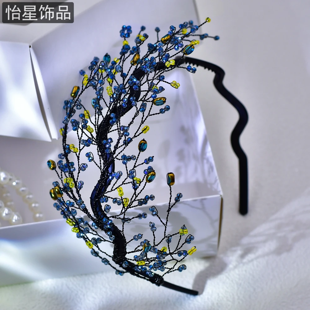 怡星百搭头饰蓝色水晶发箍奢华串珠镂空优雅新娘独特漂亮发箍A33
