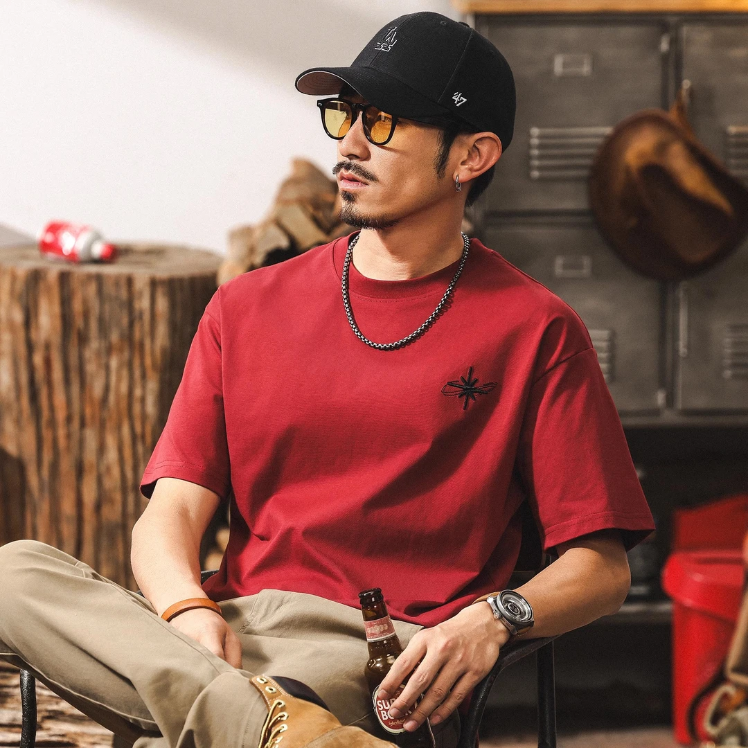 凉感棉简约刺绣男士短袖t恤夏季潮牌新款宽松酒红色体恤休闲上衣