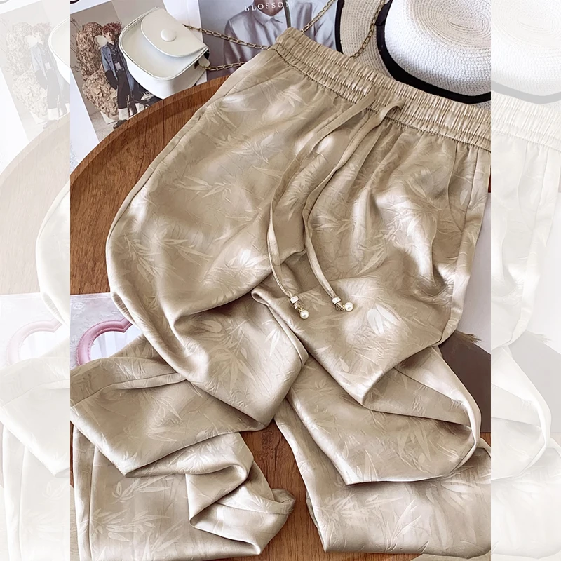 拉夏贝尔2025年新款夏薄款直筒裤小个子国风印花休闲裤缎面阔腿裤