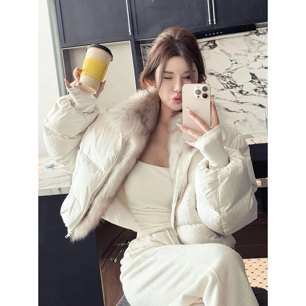 白色软糯毛领拼接棉服外套女冬季新款韩系宽松百搭加厚保暖面包服