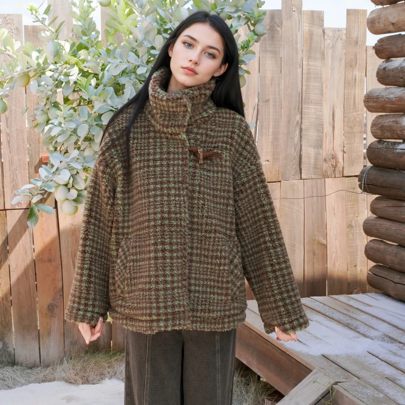 谜底毛毛大衣女士2025新款时髦百搭立领大廓形外套257MD7827