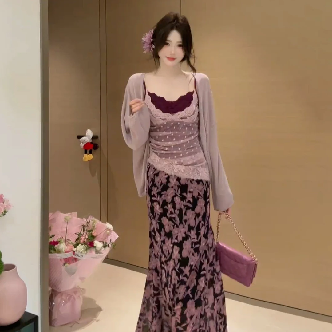 法式紫色碎花吊带连衣裙子女夏季2025新爆款绝美漂亮穿搭套装长裙