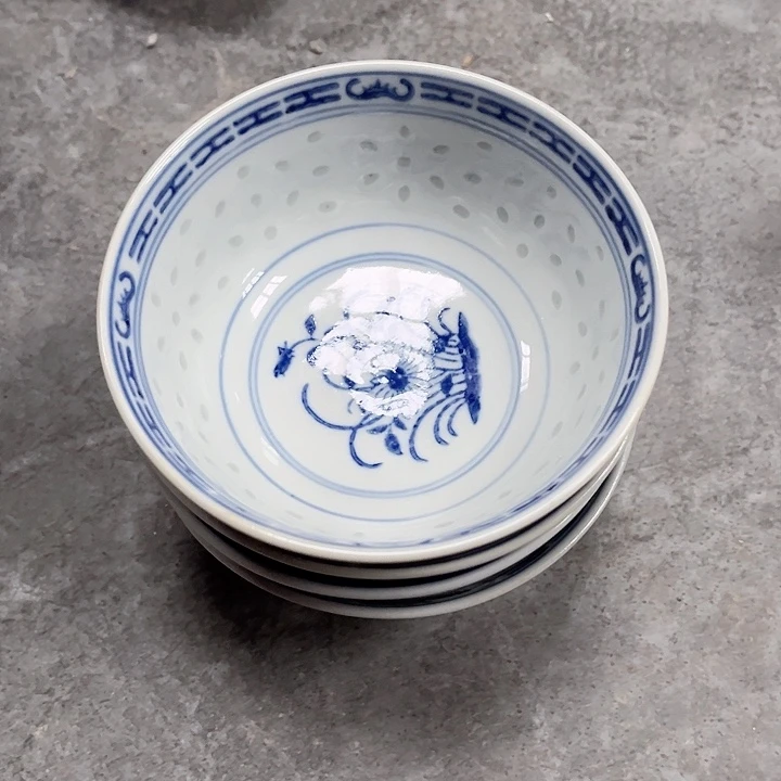 碗青花玲珑玩玉兰花饭碗4个
