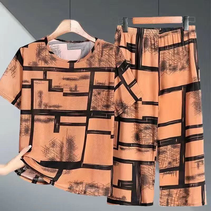 夏季新款中老年妈妈冰丝宽松短袖休闲套装薄款透气圆领两件套