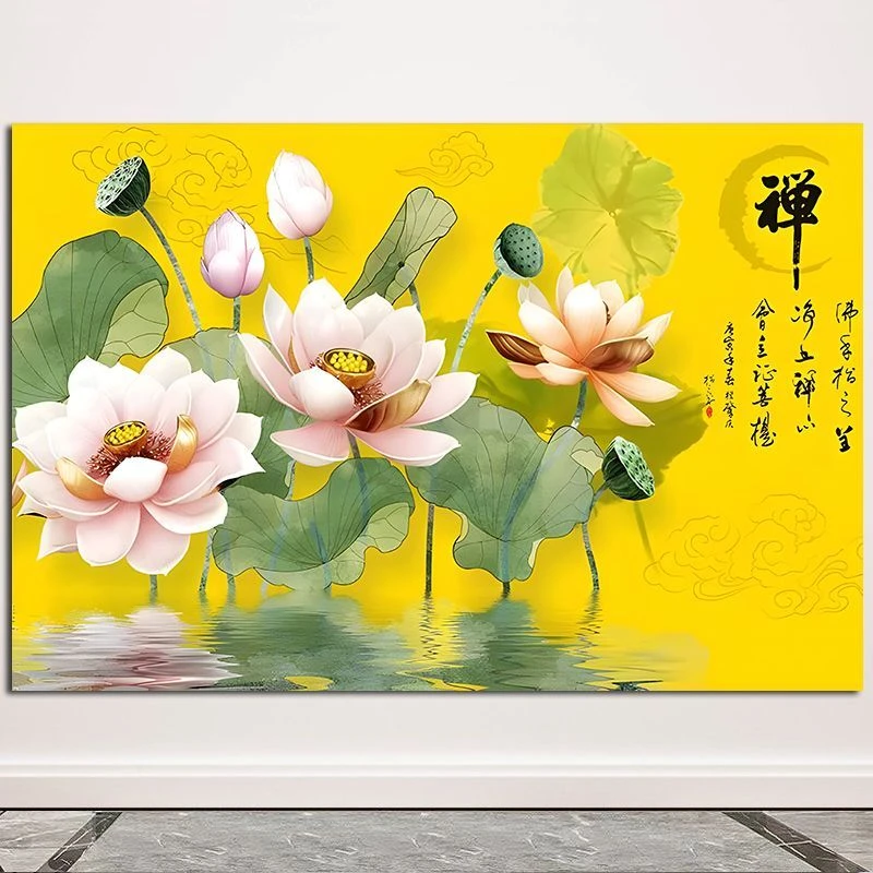 荷花莲花圣地风景画绿色植物客厅佛堂寺庙禅房家用旺宅画挂画贴画