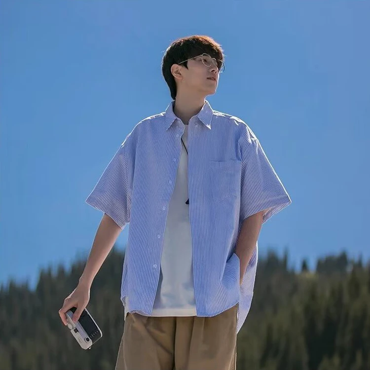 男短袖条纹衬衫男短袖复古休闲短袖衬衫户外休闲衬衫夏季衬衫男