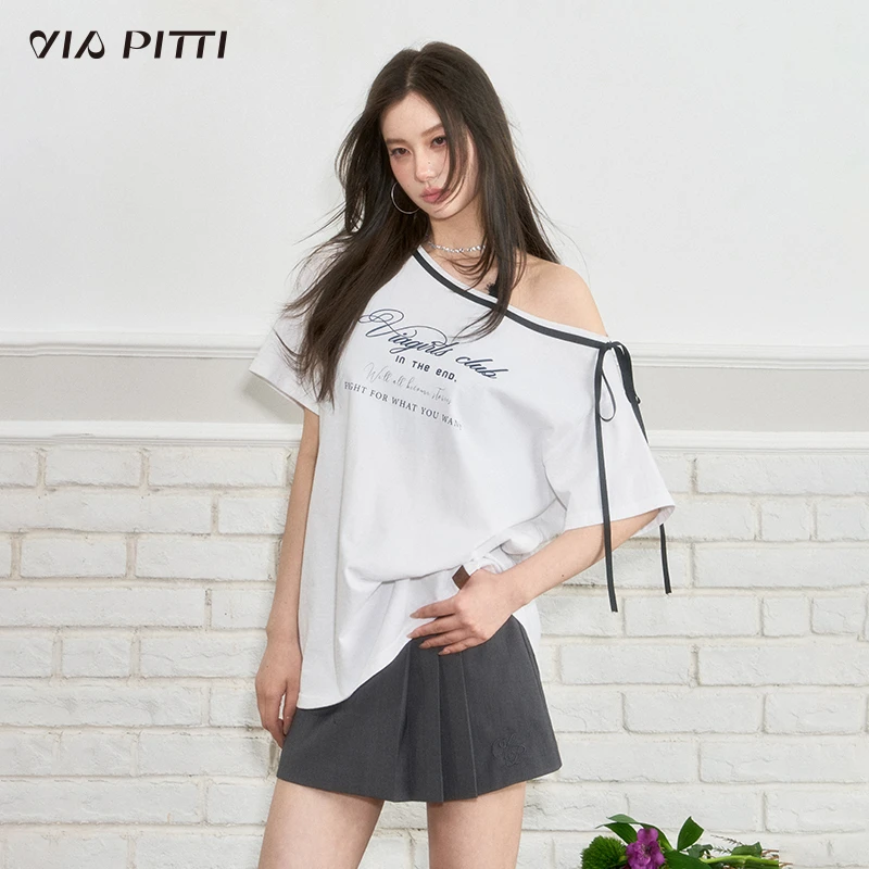 ViaPitti【官方专属】不规则斜肩蝴蝶结绑带印花字母T VIAATP078