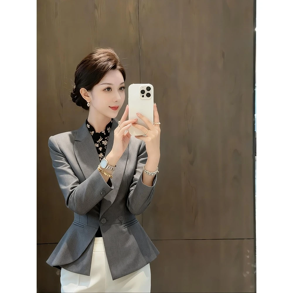 灰色收腰西装外套女2025新款正式场合轻奢高级感气质职业上衣秋季