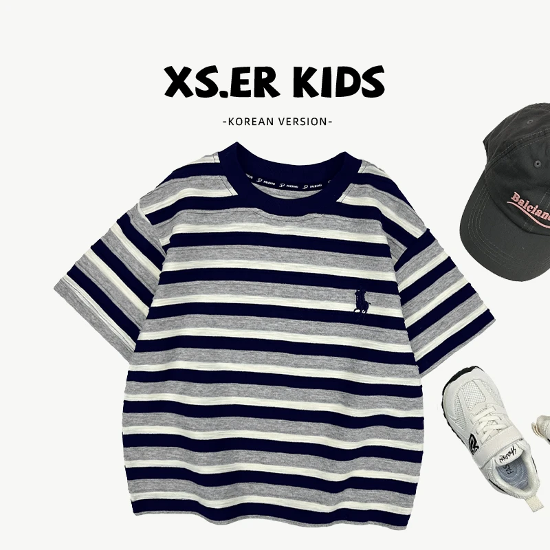 【小首尔】现货-儿童韩版简约条纹短袖上衣夏季时尚百搭T恤HBB7110