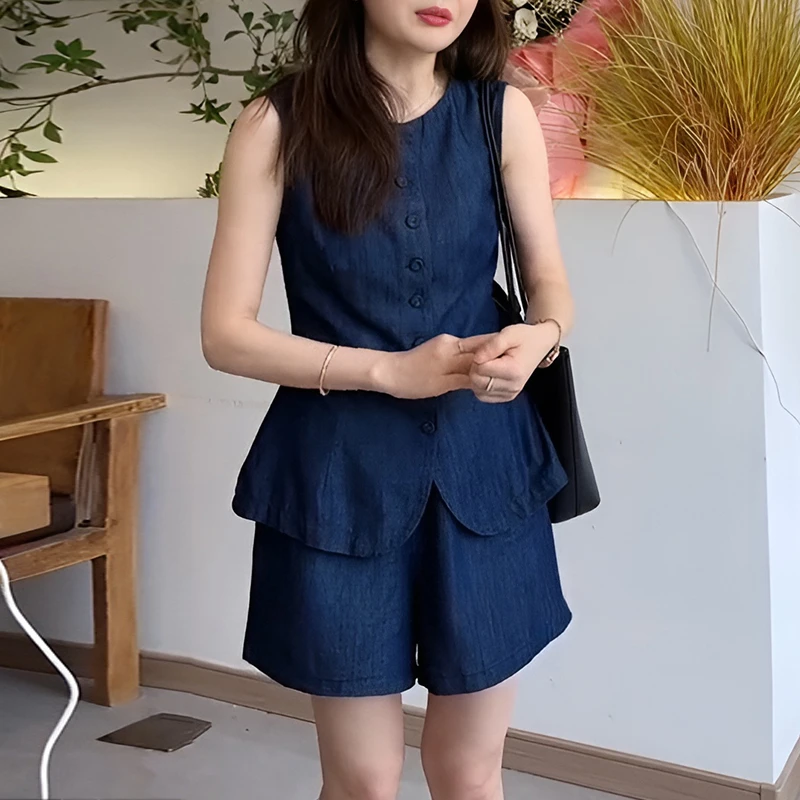 欧货时尚休闲套装女夏季气质单排扣无袖马甲高腰阔腿短裤两件套