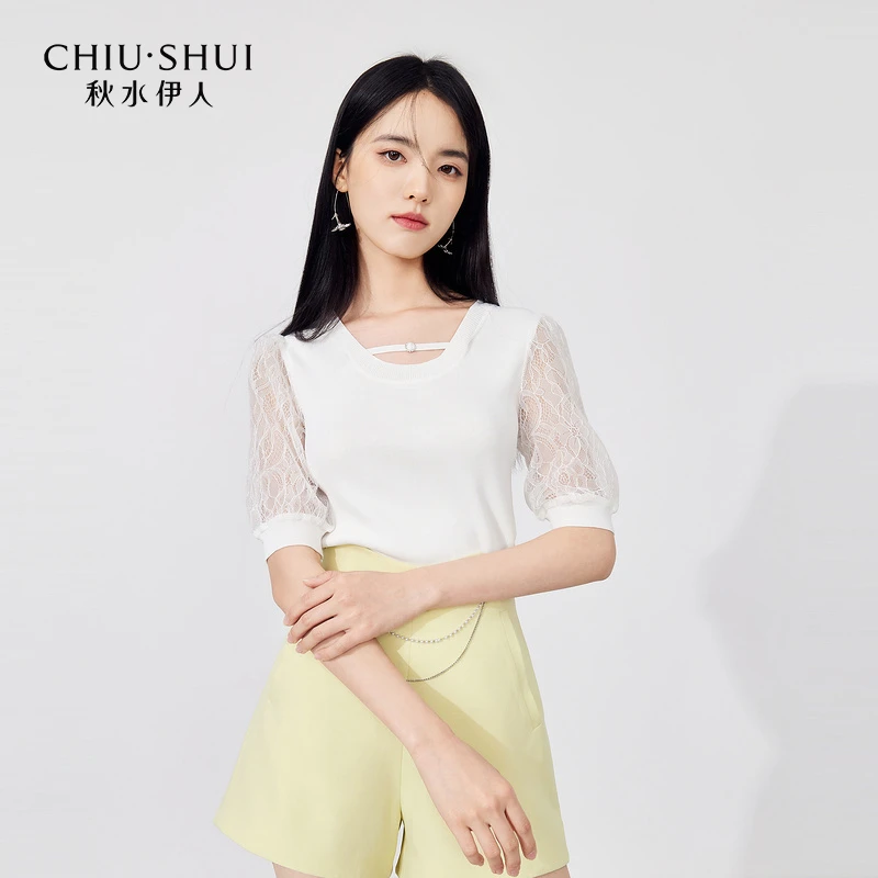 【李易行】秋水伊人针织短袖女装蕾丝拼接上衣623203D100154
