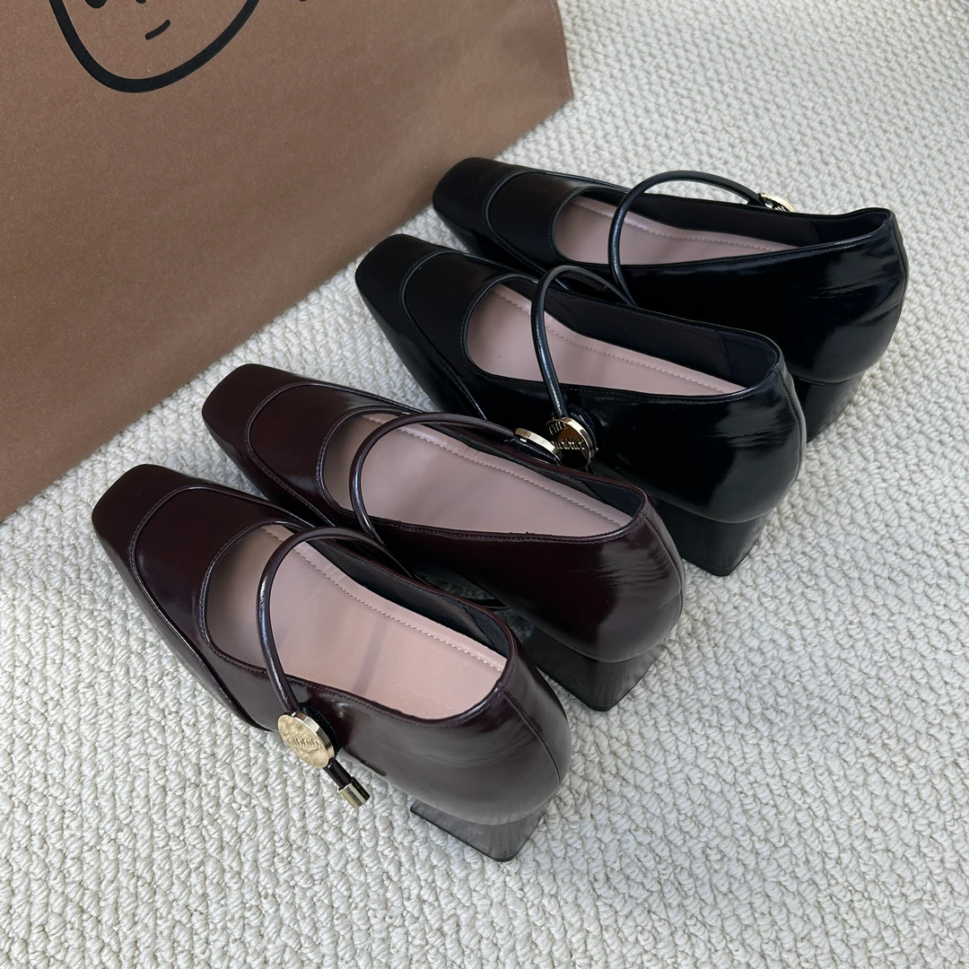 晚晚·内增高8cm法式方头浅口单鞋女春季通勤粗跟玛丽珍鞋复古女鞋