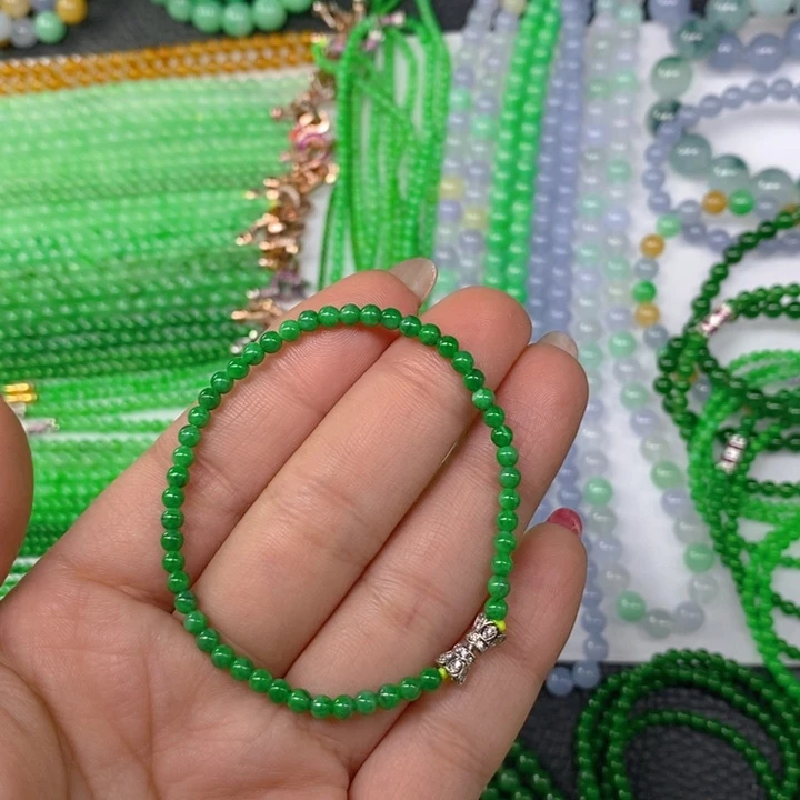 颈饰未镶嵌翡翠缅甸天然翡翠浓阳绿小米珠手链3.5