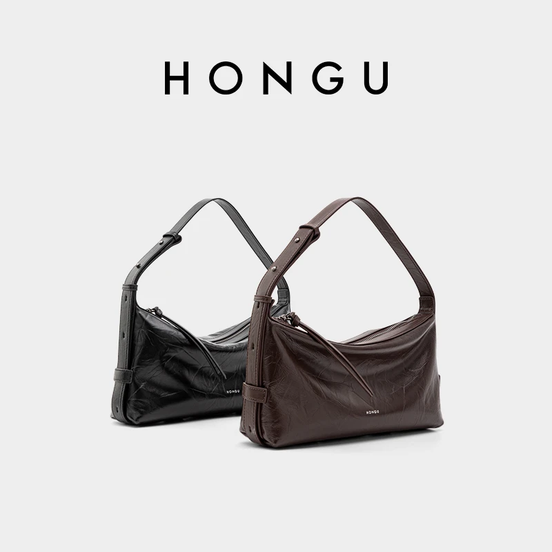 HONGU/红谷头层牛皮单肩斜跨包时尚休闲百搭复古小众