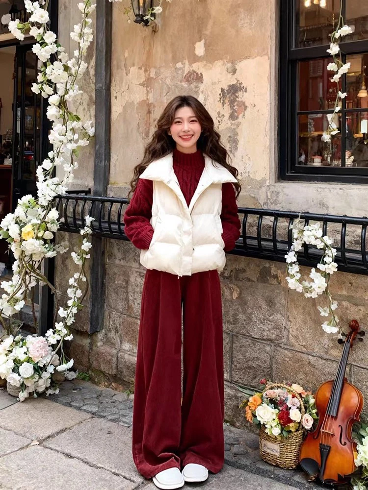 2025秋冬高级感红色针织毛衣叠穿棉服马甲翻领高腰显瘦休闲裤套装