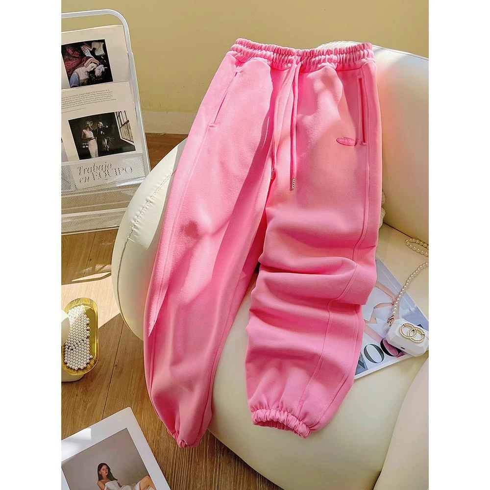 深粉色薄款运动裤女宽松春秋2025新款直筒阔腿休闲小个子加厚卫裤