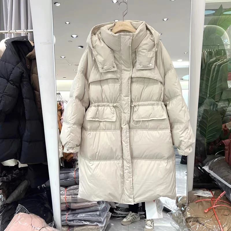 808冬季新款加厚腰间抽绳连帽长版外套棉衣