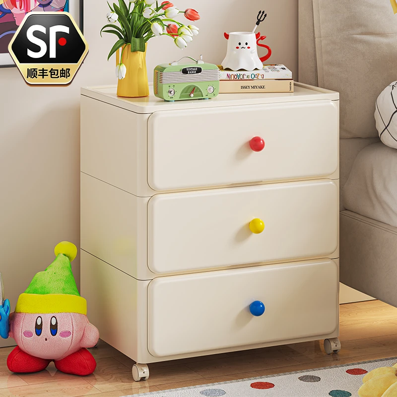 家用落地推拉款置物架玩具收纳衣柜卧室抽屉床头柜纯色简约收纳柜